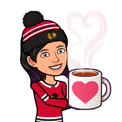 A Bitmoji cartoon illustration of a woman wearing a Chicago Blackhawks jearsey and toboggan hat, offering the viewer a mug of coffee.