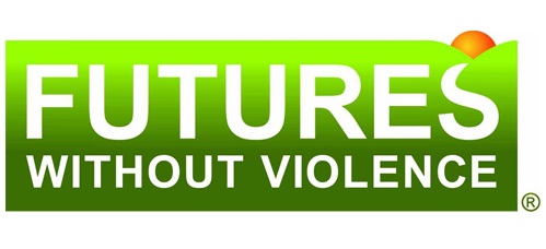 Futures Without Violence logo, white letters with green background, sunrise on the right corner