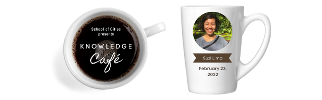Suzi Lima's headshot and date of the event on the side of a white coffee mug