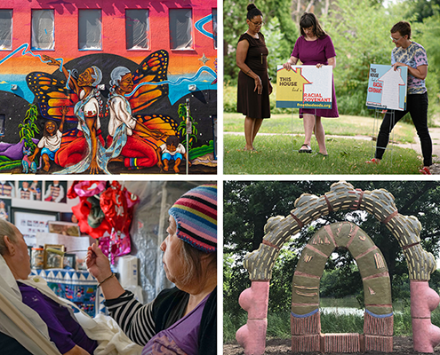 In a mural 2 grandmothers kneel to form a butterfly whose wings extend above; artists place lawn signs about Minneapolis housing racial covenant history to encourage action; a bright ceramic arch & bench in a park; a Hmong person feeds a bed-ridden elder