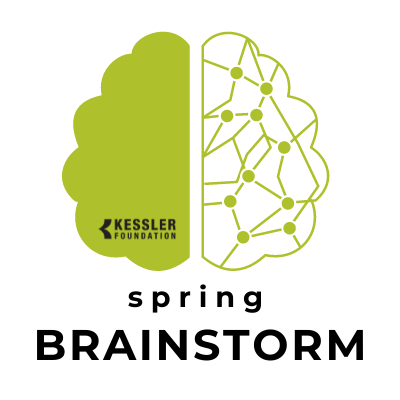 Image of brain split in two sections, on left solid green color with Kessler logo at the bottom. On right lines and dots showing neural connections. Black text reads: “Spring Brainstorm.”