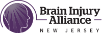 Burgundy image of head silhouette with rays extending from top of the head within a circle. Black text reads: “Brain Injury Alliance New Jersey.”