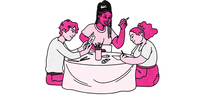Illustration by Claudia Akole Chinyere. Three people sitting around a table making art together. The illustration is all in pink tones with black outlines.