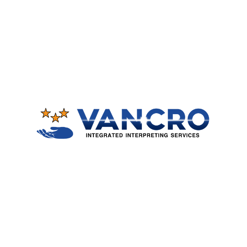  A blue right hand holds above it three mustard yellow stars in a diamond shape. To the right in blue is the word VANCRO and beneath it in black are the words “Integrated Interpreting Services”. 