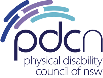 PDCN Logo. pdcn in lower cap font with the words Physical Disability Council of NSW underneath. The top right of the logo are four half circles of dark blue, purple and aqua