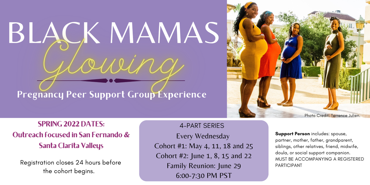Black Mamas Glowing is a virtual peer support group experience formed to reduce isolation and build community for Black birthing families and the expanded Black perinatal workforce including birth workers. The focus is on maternal mental health.