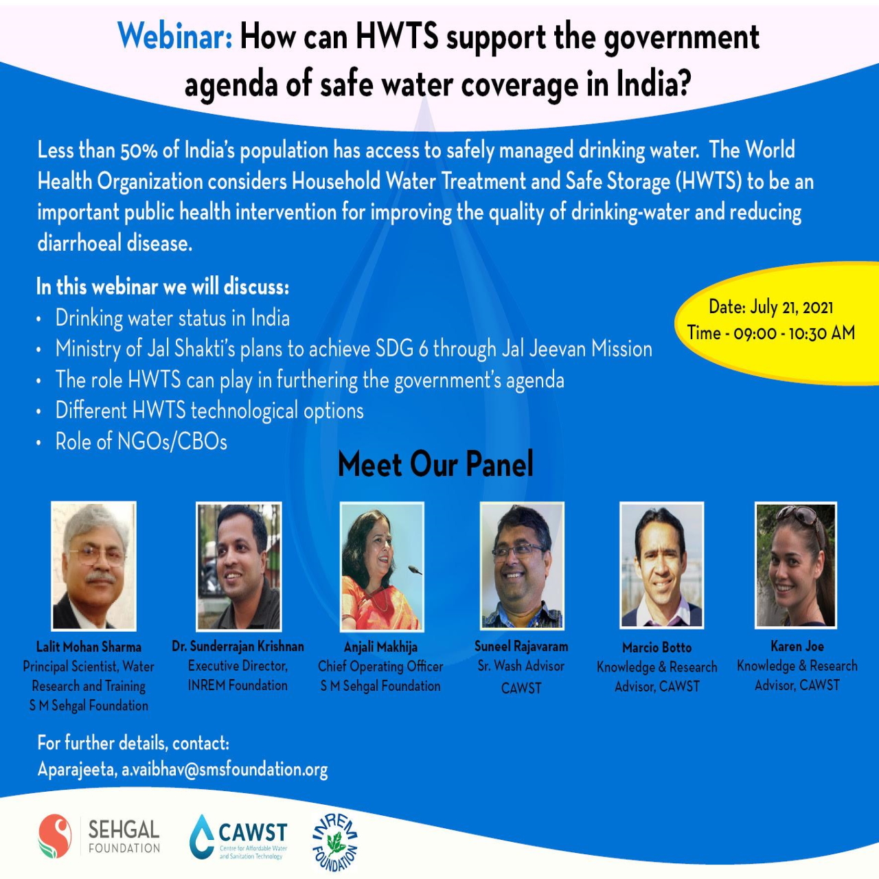 Webinar on Household Water Treatment and Storage (HWTS) a potential option for safe drinking wateron July 21st at 09:00 AM (IST), register at ht...