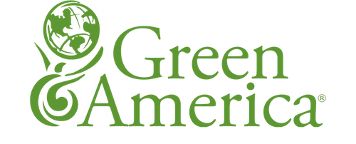 The Green America logo - our name in green on a white background next to an abstract figure holding a globe