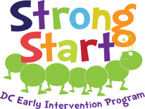 Strong Start logo. Colorful text that reads "Strong Start" above a lime green caterpillar graphic, below which are the words "DC Early Intervention Program" in purple font.
