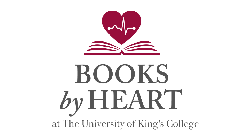 The Books by Heart logo has a red heart with an EKG running through it atop of book and the text "At University of King's College" below it. 