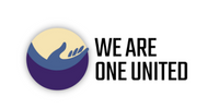 We Are One United logo - dark purple, peach and blue circle with welcoming hand along organization name