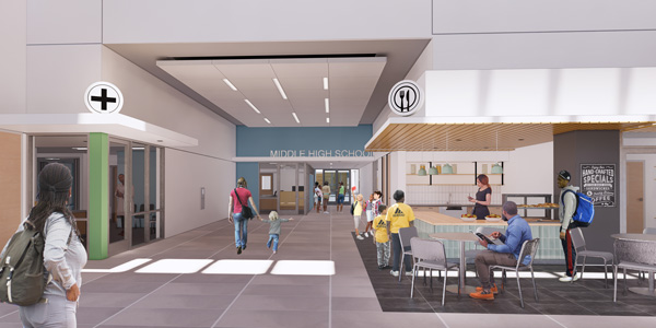 A rendering is shown of students in the main lobby of the Winooski Schools. 