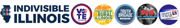 logos in shades of red, white and blue in the shape of the state of Illinois. ILVOTE, Truth Brigade Illinois, Rural Illinois, Social Justice Alliance
