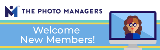 Text: The Photo Managers New Member Orientation. Learn how to get the most out of your membership! Light blue background with illustration of a woman sitting at a desk with laptop open. There are desk accessories, a photo, and confetti behind.