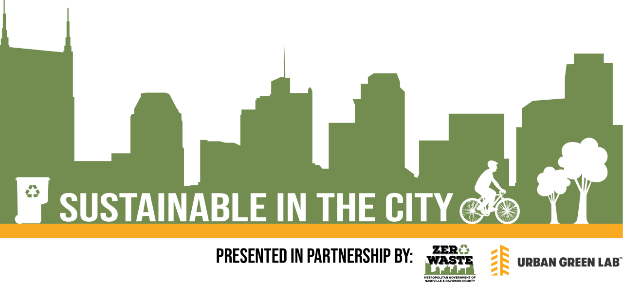 Sustainable in the City logo featuring the Nashville skyline, a recycling cart, person riding a bicycle, and trees.