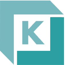 A blue-green square with a K in the middle. The top left corner of the square is a slightly lighter shade of blue-green than the bottom right hand corner of the square.