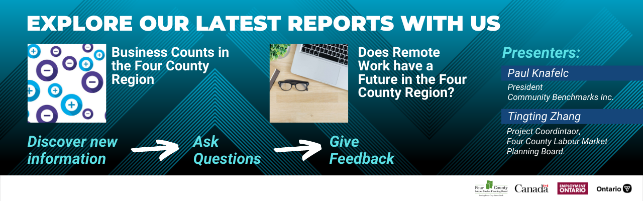 Click links to access reports: BUSINESS COUNTS: https://www.planningboard.ca/reports/business-counts-in-the-four-county-region/    REMOTE WORK: https://www.planningboard.ca/reports/does-remote-work-have-a-future-in-the-four-county-region/