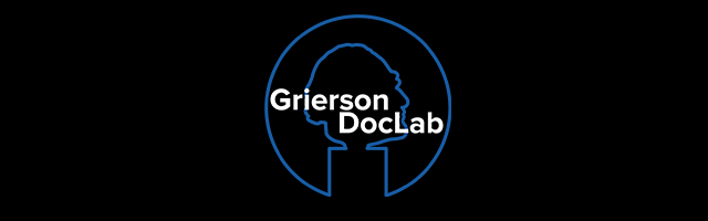 Black banner with blue grierson doclab logo on top, white text reading 'Grierson DocLab'