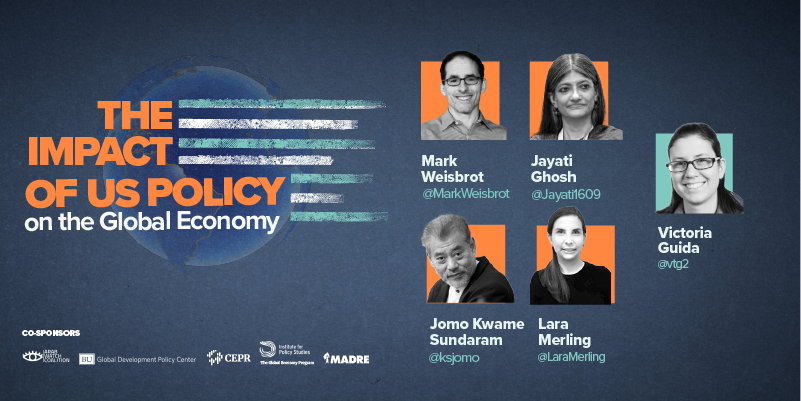 This graphic features the title of the event "The Impact of US Policy on the Global Economy" and the photos of the moderator and speakers.