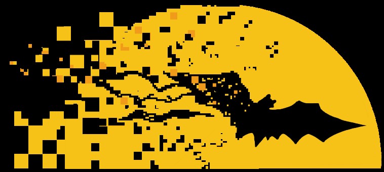 Virtual Topics in Cave Rescue - pixelated black bat on a yellow background