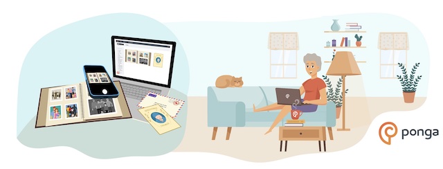 Ponga webinar banner and logo featuring a happy customer working on Ponga with her cat and a warm beverage.