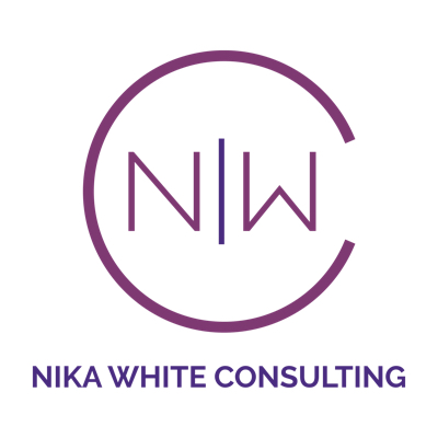 The Nika White Consulting logo. On top, a light purple circle with N and W inclosed and below Nika White Consulting in purple