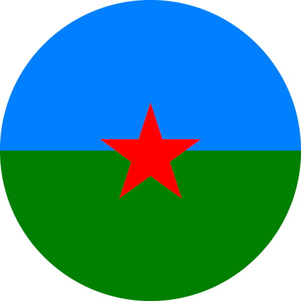 A logo inspired by the Romani flag with blue and green background and a red star in the middle.