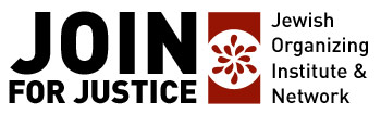 Bold black text that reads "JOIN for Justice" to the left of a six pointed red swirl. To the right in smaller black text "Jewish Organizing Institute & Network"