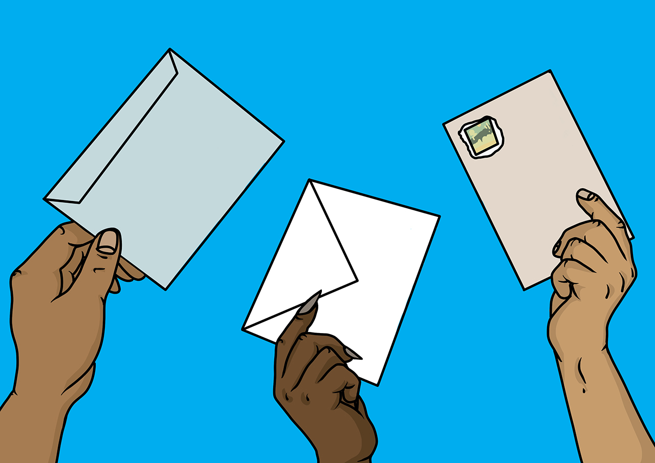 Illustration of three hands holding up sealed envelopes on a blue background