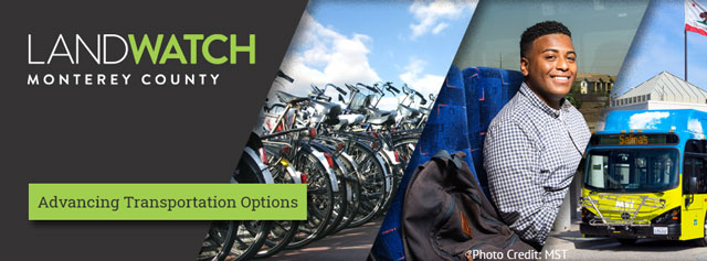 A banner image with the LandWatch logo in the upper left, a green bar at the bottom stating " Advancing Transportation Options" with three transportation focused images on the right cutting at sharp angles upward: bikes, a bus passenger, and a bus.