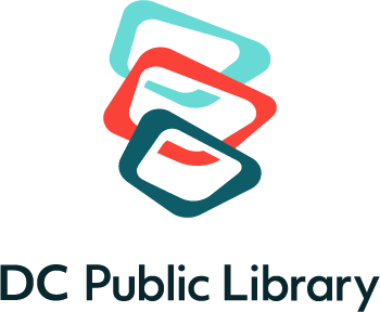 DC Public Library Logo. Three irregular polygons stacked atop one another; the top one is aqua, the middle is reddish-orange, and the bottom is dark blue-green. Below the phrase "DC Public Library" in black font.