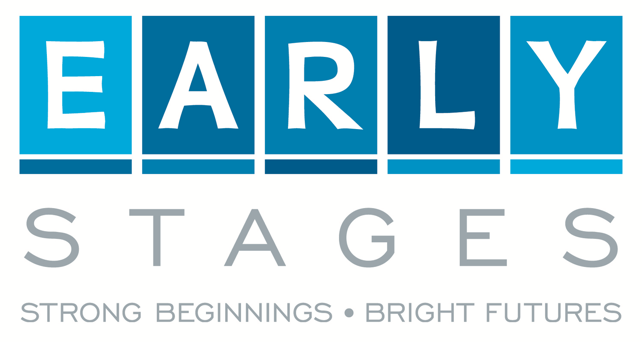 Early Stages logo. The word "Early" on top in white block letters on blue box background. The word "Stages" below in gray, followed by the phrase "Strong beginnings, bright futures" below that, also in gray font.