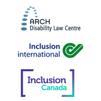A vertical stack of three brand logos: the ARCH Disability Law Centre logo, the Inclusion International logo, and the Inclusion Canada logo