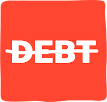 The Debt Collective logo (the word DEBT with a strikethrough)